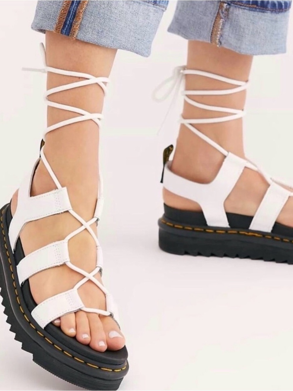 Dr Martens Nartilla White Lace Up Sandals Platform black sole Doc Size 6